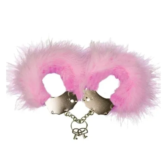 Pink metal handcuffs with soft feathers by Adrien Lastic, strong chain and safety lock with keys.