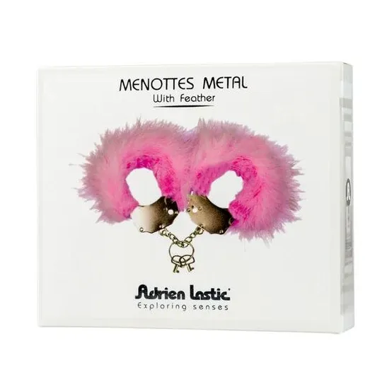 Pink metal handcuffs with soft feathers by Adrien Lastic, strong chain and safety lock with keys.