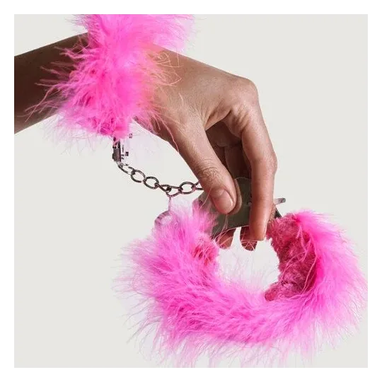 Menottes en métal rose avec plumes douces - Adrien Lastic, chaîne solide et clés de sécurité.