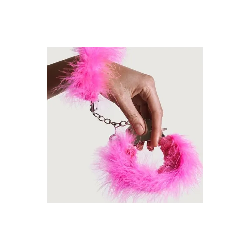 Manette in metallo rosa con piume morbide - Adrien Lastic, catena robusta e chiavi di sicurezza.