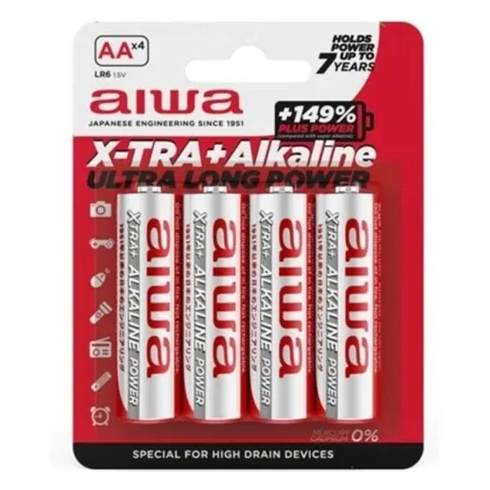 Paquete de 4 pilas alcalinas AA LR6 AIWA para energía confiable en tus dispositivos.