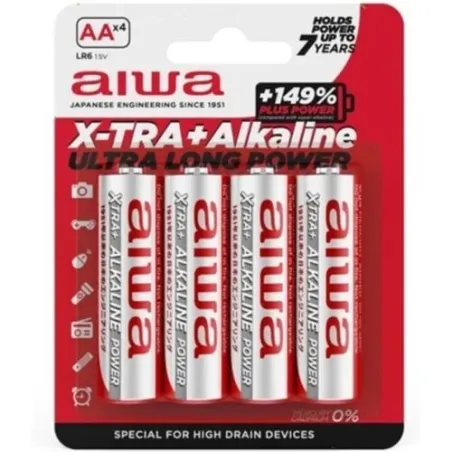 4-pack of AA LR6 alkaline batteries by AIWA, reliable power for everyday devices.