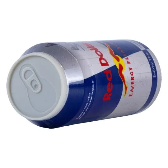ALIVE can masturbator red, front view of discreet energy drink design