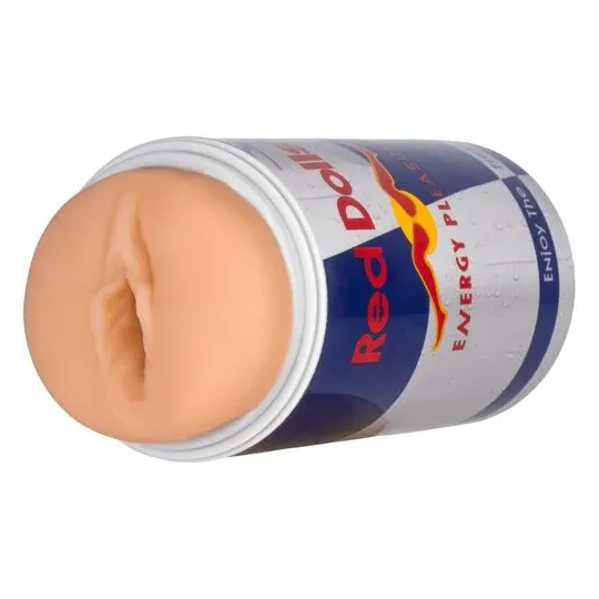 ALIVE can masturbator red, front view of discreet energy drink design