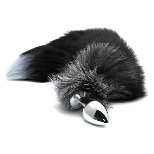 Plug anal métallique queue de renard blanc/noir taille M marque ALIVE - jouet sexuel avec fourrure synthétique