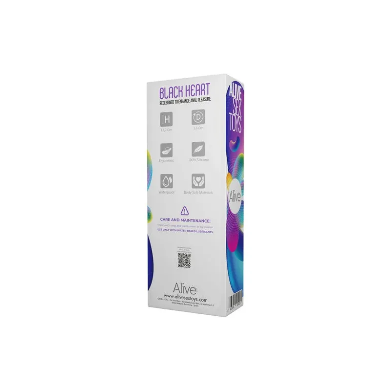Alive Black Heart ergonomic anal stimulator, black silicone with teal heart design, front view.