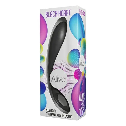 Estimulador anal ergonómico Alive Black Heart de silicona negra con corazón verde azulado, vista frontal." } }, { "image_id": 26