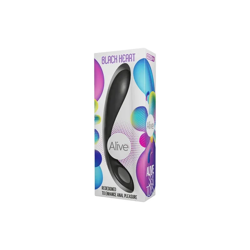 Ergonomischer Analstimulator Alive Black Heart aus schwarzem Silikon mit blaugrünem Herz, Vorderansicht.
