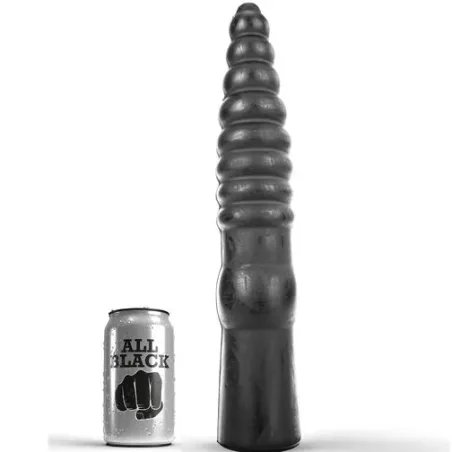 Dildo scanalato nero 33 cm di All Black – vista d’insieme del lungo giocattolo anale