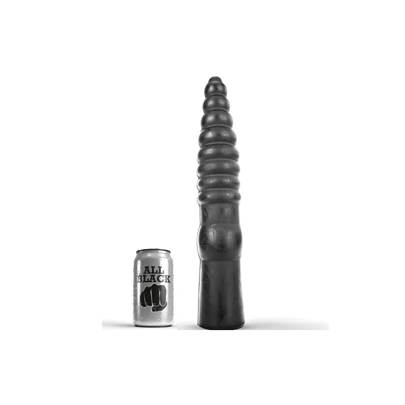 Ribbed black dildo 33 cm from All Black – overall view of the long anal toy