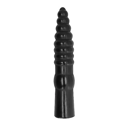 Gerillter schwarzer Dildo 33 cm von All Black – Gesamtansicht des langen Analtoy