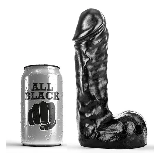 Consolador negro ALL BLACK 19 cm suave flexible PVC ligeramente vetado vista frontal para adultos" }, { "id": 2716, "fr": "Gode 