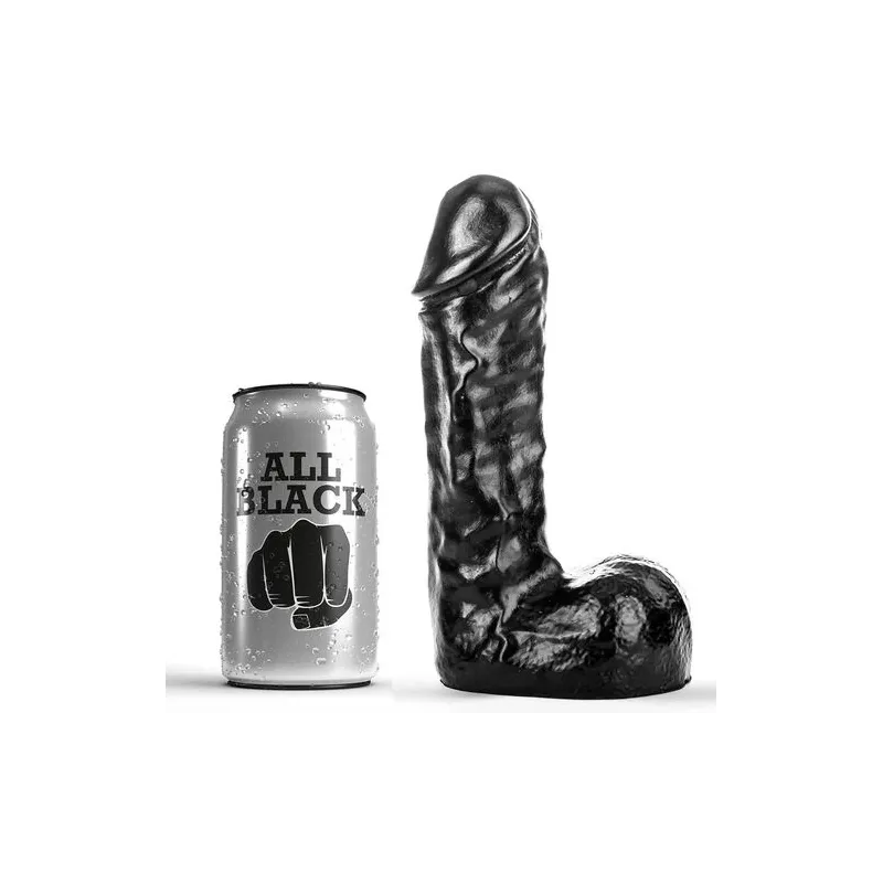 Schwarzer Dildo ALL BLACK 19 cm weich flexibel PVC leicht geädert Frontansicht für Erwachsene