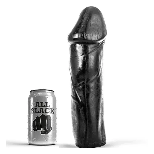 ALL BLACK black dildo 28 cm, total insertion without testicles, solid PVC adult sex toy - front view