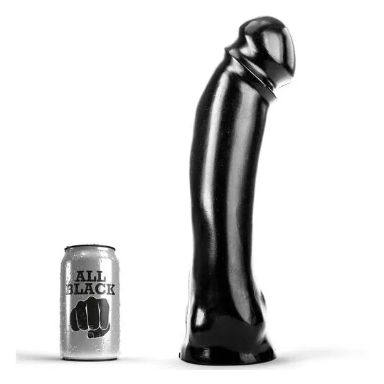 Consolador negro PVC 33 cm ALL BLACK, eje recto para uso vaginal y anal, estuche transparente