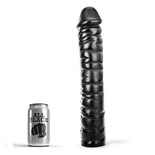 Gerippter Dildo 38 cm ALL BLACK schwarz - Gesamtansicht des Sexspielzeugs für Erwachsene