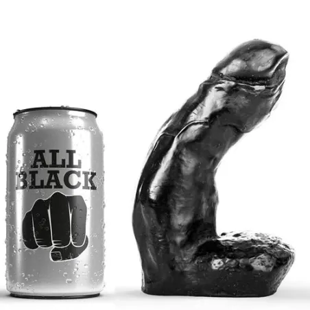 Realistischer Dildo aus schwarzem Silikon All Black 15 cm mit Hoden, glatt, Vorderansicht
