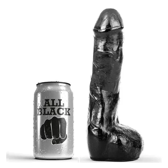 ALL BLACK realistic dildo 20 cm - front view of black anal dildo with ribbed texture