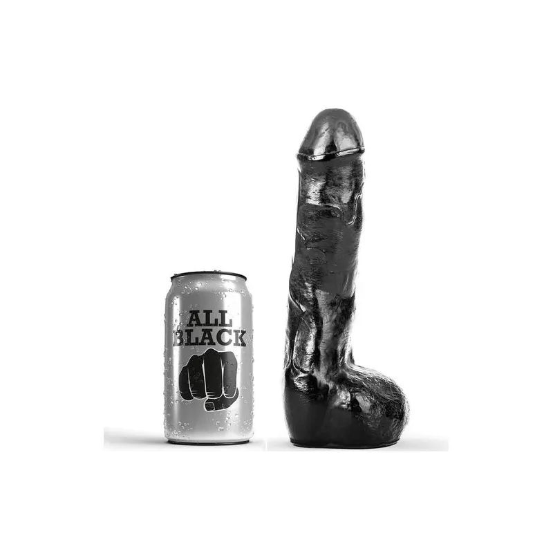 ALL BLACK realistic dildo 20 cm - front view of black anal dildo with ribbed texture