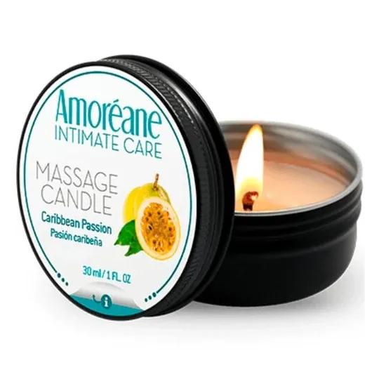 Amoreane Massagekerze Passion des Caraïbes, duftende weiße Wachskerze für sinnliche Massagen.