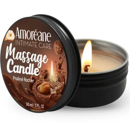 Massagekerze mit Duft Praliné Rocher 30 ml - Marke AMOREANE - Sojawachs wird zu Massageöl.