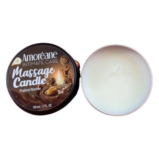 Massagekerze mit Duft Praliné Rocher 30 ml - Marke AMOREANE - Sojawachs wird zu Massageöl.