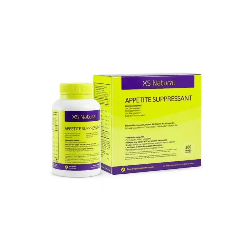 Scatola da 90 capsule soppressore dell'appetito 500 Cosmetics XS, integratore dimagrante, confezione bianca e verde.