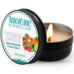 Bougie de massage Tentation Tropicale 30 ml AMOREANE – huile parfumée tropicale pour massage sensuel.