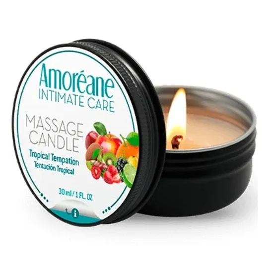 Bougie de massage Tentation Tropicale 30 ml AMOREANE – huile parfumée tropicale pour massage sensuel.