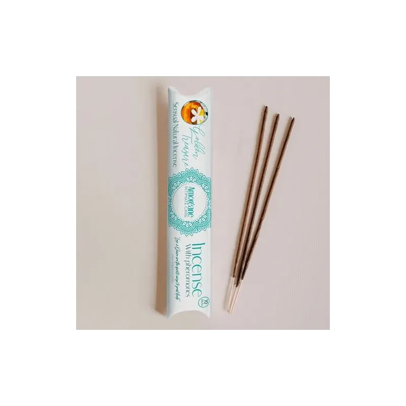 Golden Treasure incense stick with jasmine pheromones by AMOREANE, gold color, for sensual ambiance.