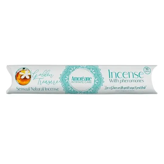 Bâton d'encens Trésor Dor aux phéromones jasmin par AMOREANE, couleur dorée, pour ambiance sensuelle.