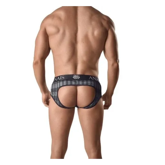 Jock bikini uomo a quadretti grigi ANAIS MEN AEGIS, vita bassa e retro scoperto, vista frontale