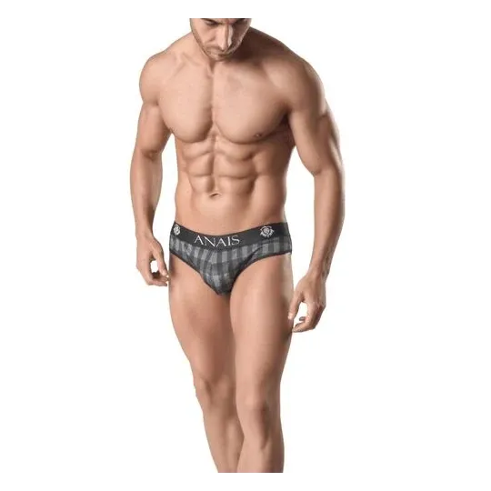 Men's gray check print brief ANAIS MEN SLIP & THONG, front view, elastic waistband