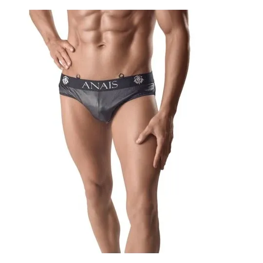 Schwarzer Leder-Mesh-Slip für Herren von Anais Men, Vorderansicht mit breitem elastischem Bund.