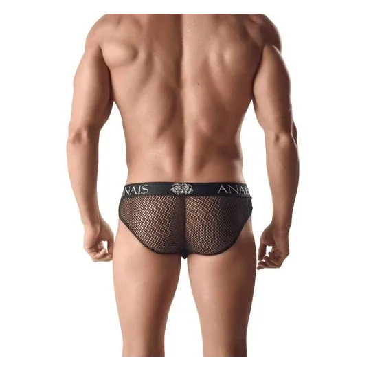 Men's black leather and mesh slip from Anais Men, front view with wide elastic waistband.
