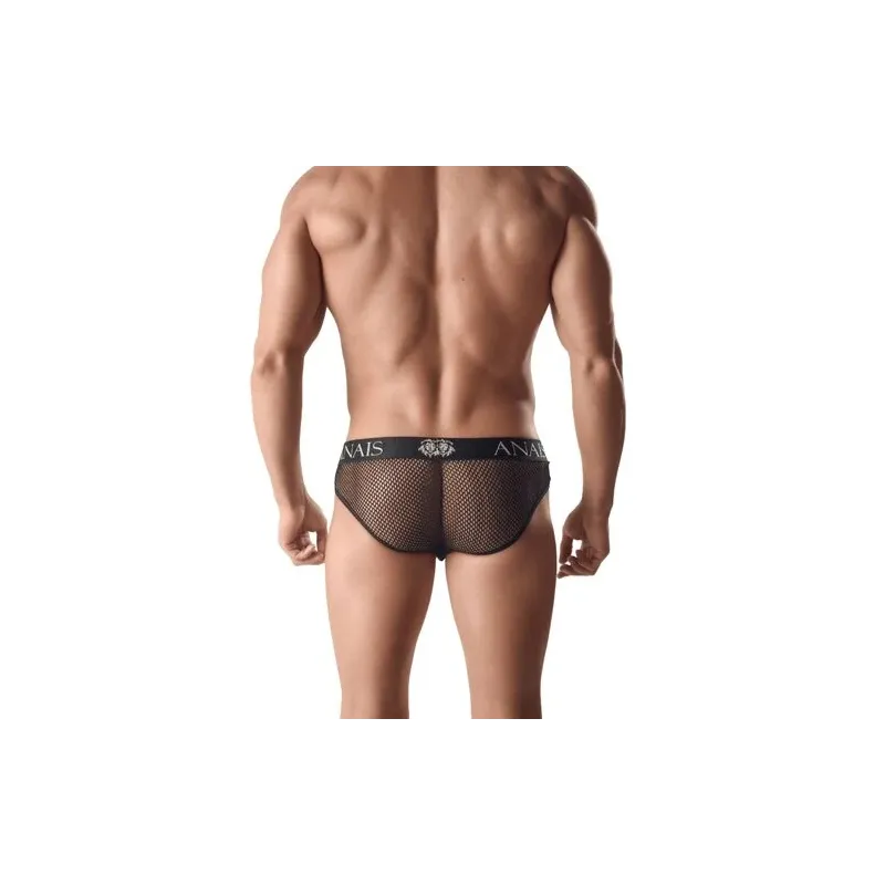 Schwarzer Leder-Mesh-Slip für Herren von Anais Men, Vorderansicht mit breitem elastischem Bund.