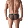 Men's black leather and mesh slip from Anais Men, front view with wide elastic waistband.