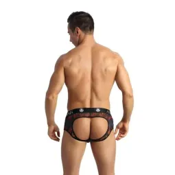 Jockstrap bikini homme tulle noir imprimé palmiers ANAIS MEN JOCK, fesses ouvertes - vue de face