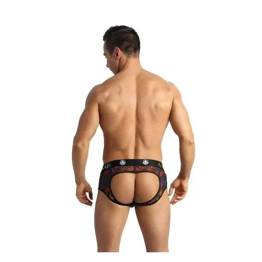 Jockstrap bikini homme tulle noir imprimé palmiers ANAIS MEN JOCK, fesses ouvertes - vue de face