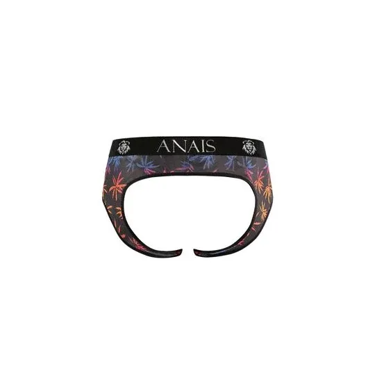 Jockstrap bikini homme tulle noir imprimé palmiers ANAIS MEN JOCK, fesses ouvertes - vue de face