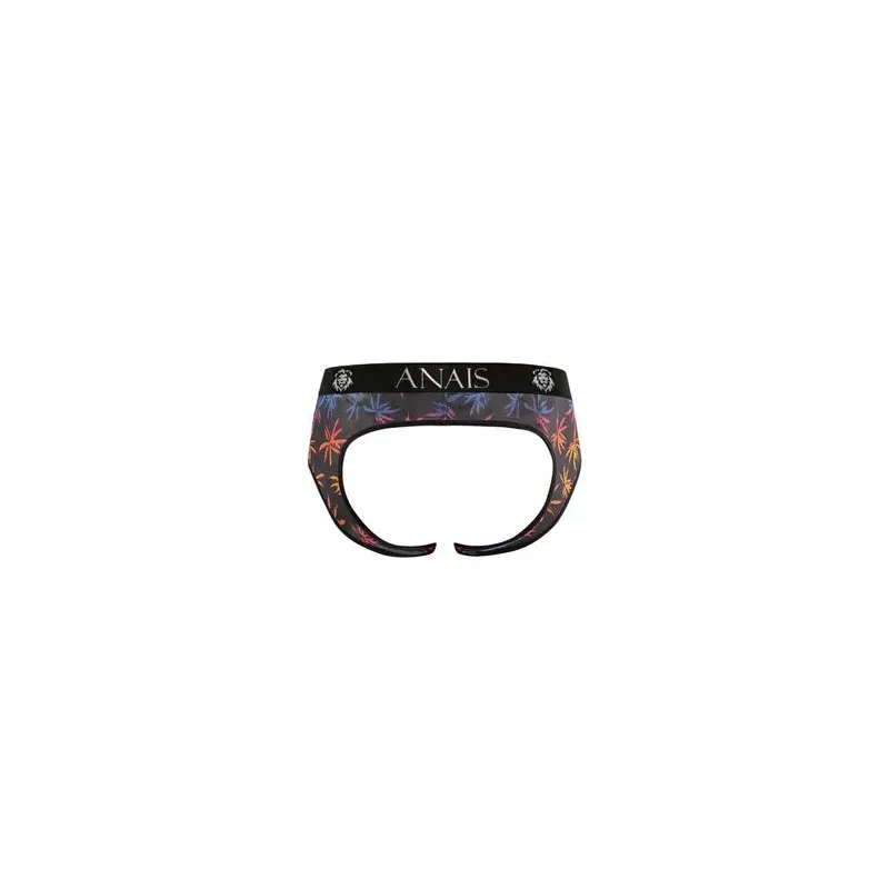 Jockstrap bikini hombre tul negro estampado palmeras ANAIS MEN JOCK, nalgas abiertas - vista frontal