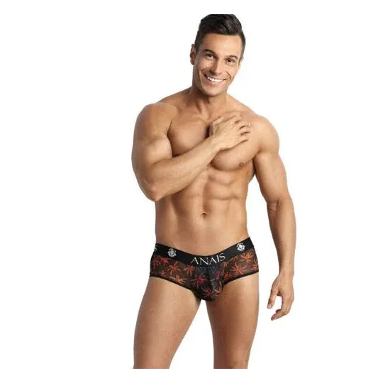Jockstrap Bikini Männer schwarzer Tüll Palmenmuster ANAIS MEN JOCK, offenes Gesäß - Vorderansicht