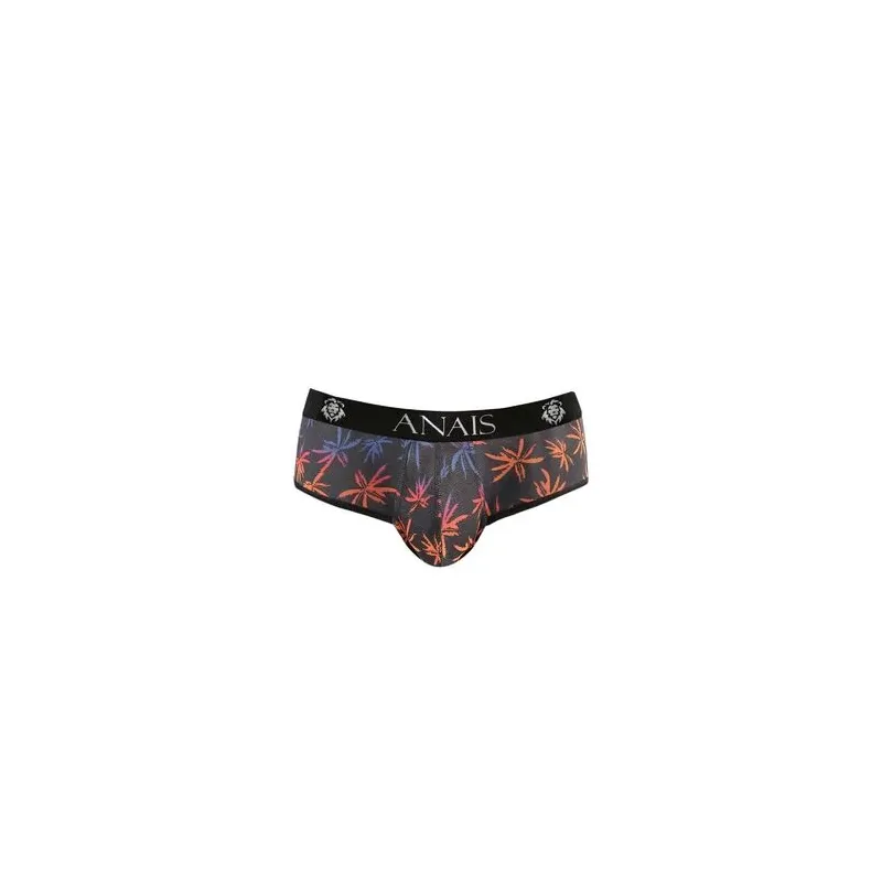 Jockstrap bikini hombre tul negro estampado palmeras ANAIS MEN JOCK, nalgas abiertas - vista frontal
