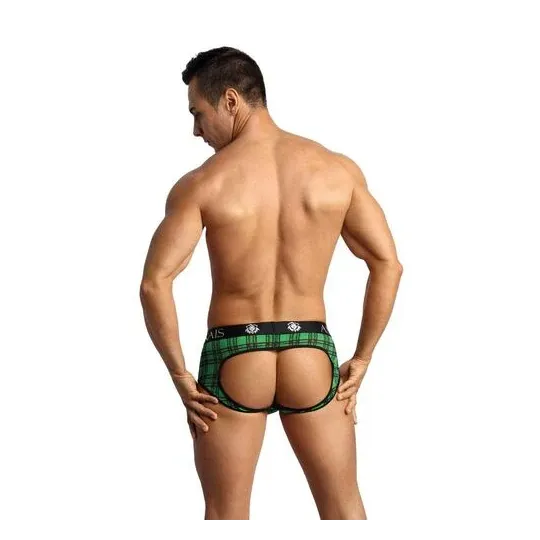 Slip jock bikini uomo Anais Men Jock in lycra a quadri verde nero, taglio sexy vita alta.