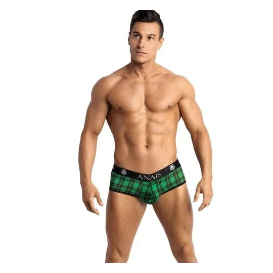 Anais Men Jock Herren Slip Bikini Jockstrap aus Lycra kariert grün schwarz, sexy Schnitt.