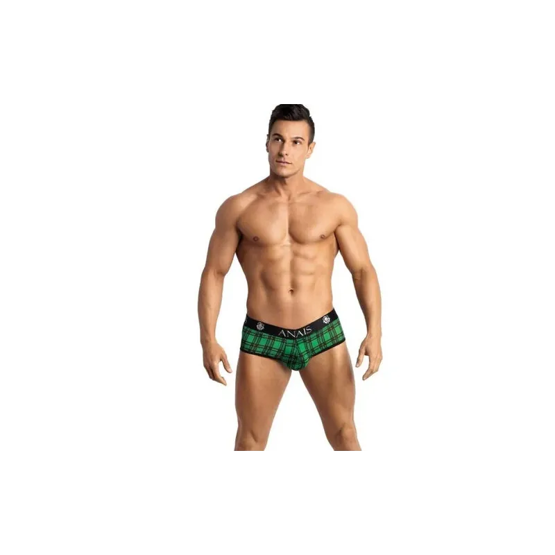 Slip jock bikini uomo Anais Men Jock in lycra a quadri verde nero, taglio sexy vita alta.