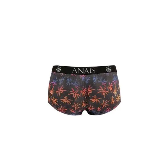 Fotografía de un boxer hombre de tul negro con estampado de palmeras colorido, corte deportivo piernas largas - ANAIS MEN