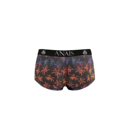 Photograph of a black tulle men's boxer with colorful palm tree print, sporty fit with long legs - ANAIS MEN