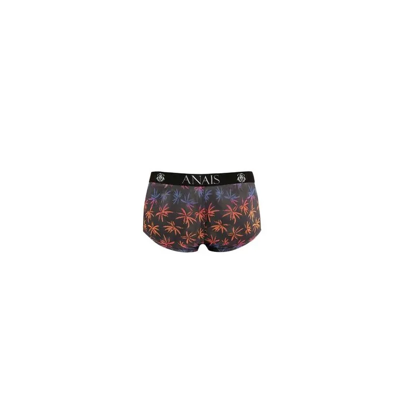 Fotografia di un boxer uomo in tulle nero con stampa palme colorata, taglio sportivo gambe lunghe - ANAIS MEN
