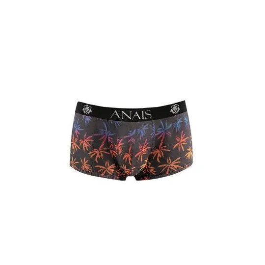 Fotografía de un boxer hombre de tul negro con estampado de palmeras colorido, corte deportivo piernas largas - ANAIS MEN